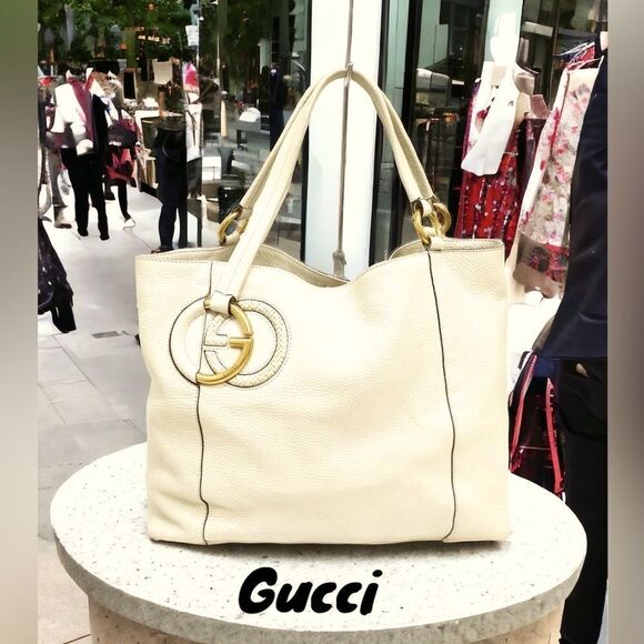 AUTHENTIC GUCCI HANDBAG SHOULDER TOTE OFF WHITE LEATHER - Picture 2 of 15